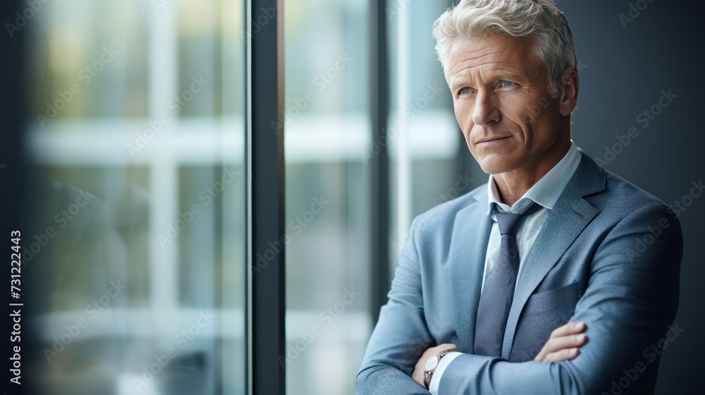 The male businessman with crossed arms stood looking away, the pensive businessman thought The male businessman with crossed arms stood looking away, the pensive businessman thought