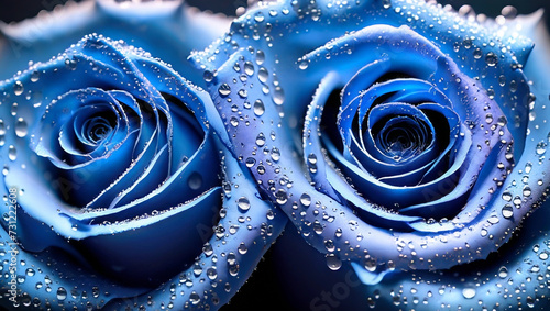 Roses bleues en gouttes de rosée, fond floral, fleur bleu