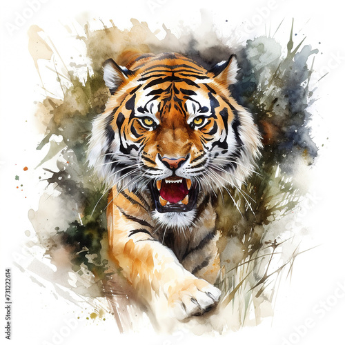 Watercolor illustration of tiger. White background. Asian animals illustration. Predator.  Watercolor illustration of tiger head. T-shirt print