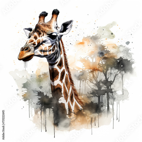 Watercolor illustration of giraffe. White background. African animals illustration. Safari, artiodactyl mammal.  Watercolor illustration of giraffe head. T-shirt print.