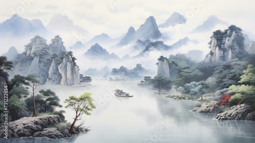 Mountains  forest and river Chinese traditional painting watercolor background