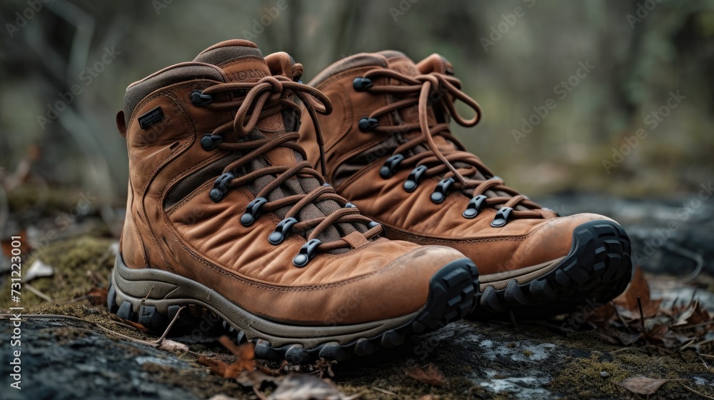 Robust hiking boots on forest ground, adventure and exploration theme Robust hiking boots on forest ground, adventure and exploration theme