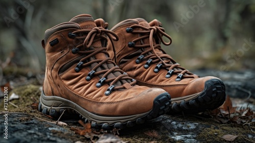 Robust hiking boots on forest ground, adventure and exploration theme