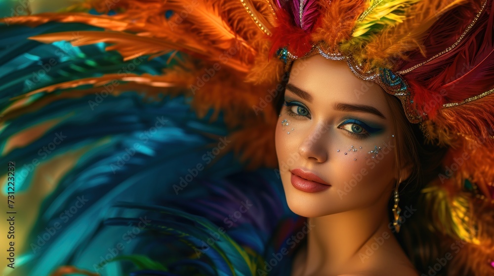 beautiful girl adorned in a sumptuous carnival feather suit, grand celebrations