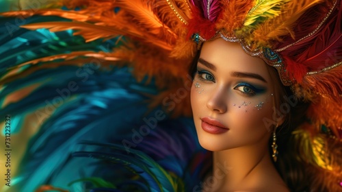 beautiful girl adorned in a sumptuous carnival feather suit, grand celebrations