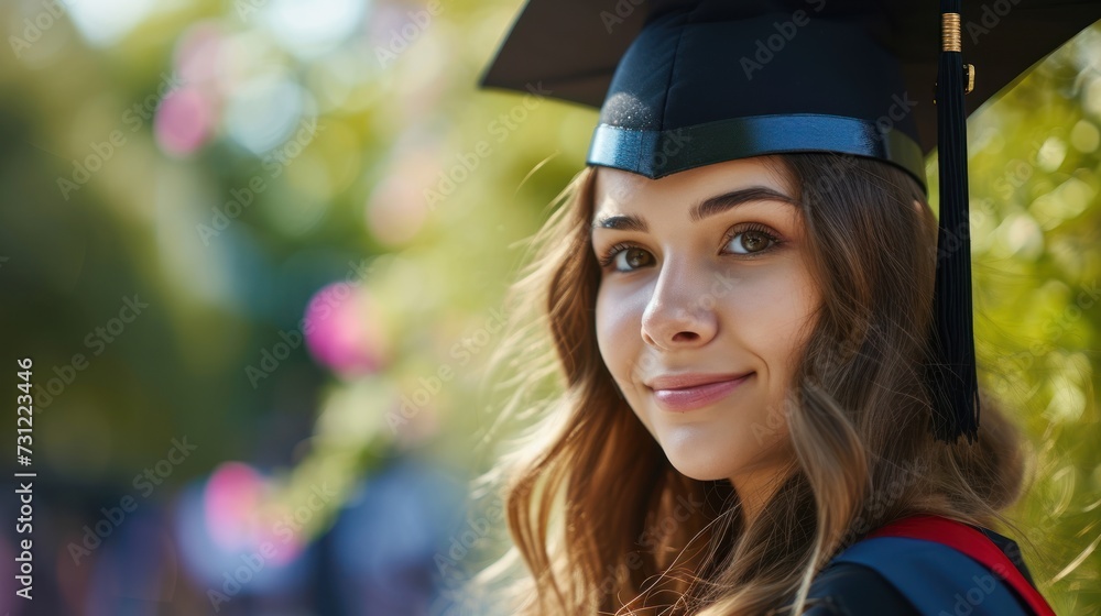 college woman adorned graduation cap looking at camera, academic success, graduation ceremonies