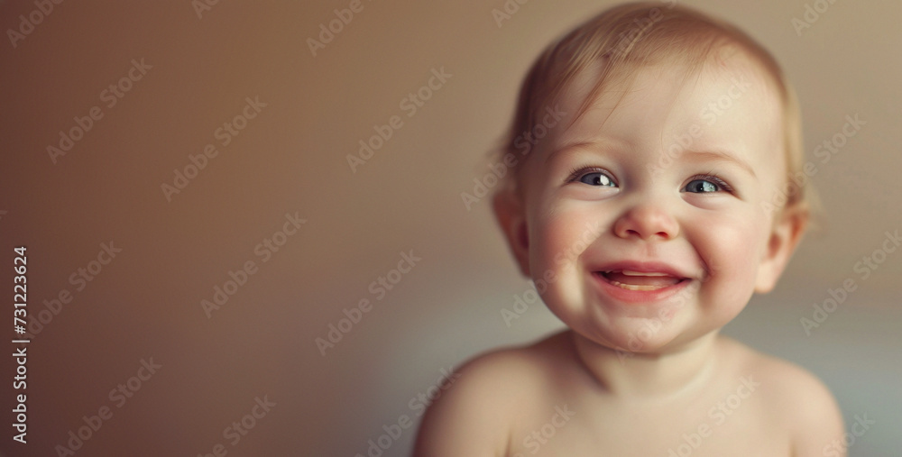 Portrait of a smiling baby on a beige background. Selective focus. Portrait of a smiling baby on a beige background. Selective focus.