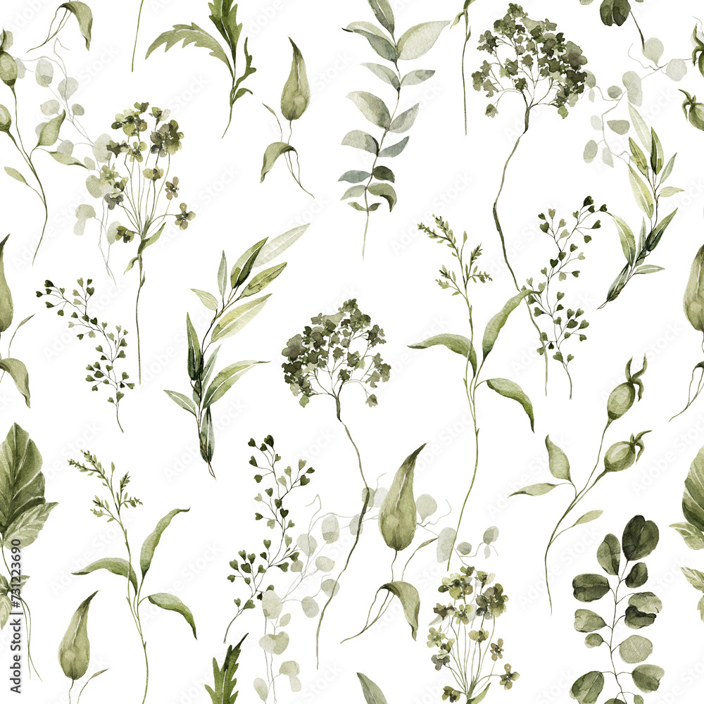 Watercolor floral seamless pattern. Hand painted forest greenery, wildflowers. Green leaves, branches, foliage isolated on white background. Botanical illustration for fabric, paper pack, textile