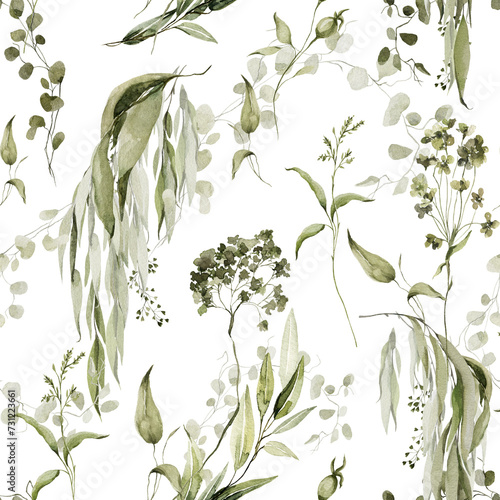 Watercolor floral seamless pattern. Hand painted forest greenery  wildflowers. Green leaves  branches  foliage isolated on white background. Botanical illustration for fabric  paper pack  textile