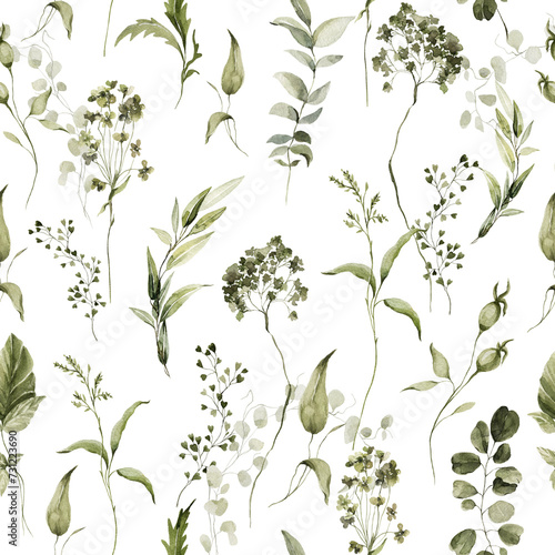 Watercolor floral seamless pattern. Hand painted forest greenery  wildflowers. Green leaves  branches  foliage isolated on white background. Botanical illustration for fabric  paper pack  textile