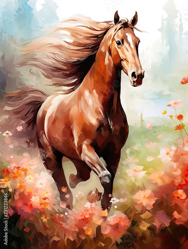Horse painting of elegance brown running in flower forest. Wallpaper  canvas