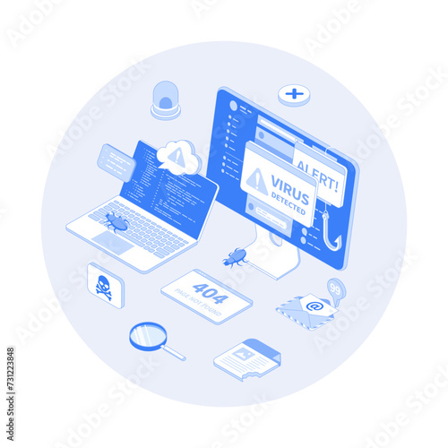 Errors detected. Computer viruses, hacker attack, 404 error page not found. Alert messages, bugs, infected files, spam. Vector outline illustration with isometry scene for web graphic