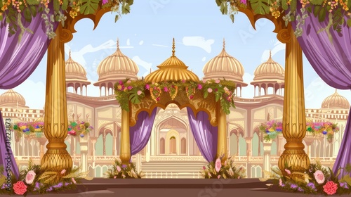 Illustration of Indian wedding mandap with arch design and floral elements