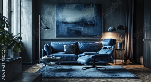 Scandinavian Home Interior Design: Modern Living Room with Dark Blue Sofa and Recliner Chair photo