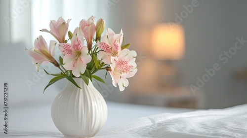 Floral Elegance - Vase with beautiful alstroemeria flowers on a bedside table in a stylish bedroom