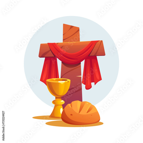 Communion with Bread and Wine. Cross of Jesus Christ. Invitation design template. Easter Vector Illustration in Cartoon Style.