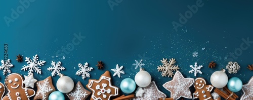 Beautiful Christmas decoration with amazing gingerbread cookies. Merry christmas theme. Christmas greeting card over blue background, top view. Flat lay with copy space for xmas greetings.
