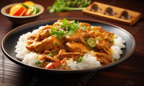 Delicious chicken curry with rice served on a plate and ready to eat. Healthy eating concept