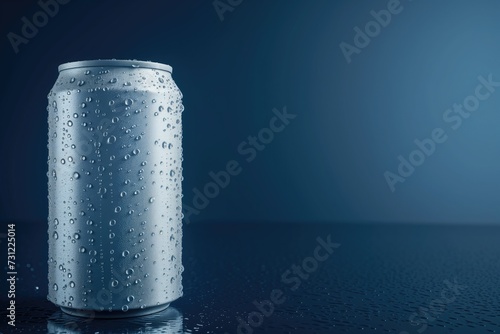 White Aluminum Can With Cold Water Droplets Isolated on Dark Blue Background, 3d rendering. Empty Space. Copy Space