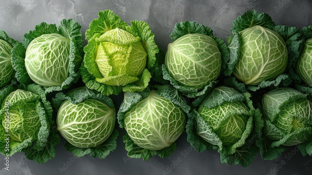 Pile of cabbage on the kitchen table. Top view. - obrazy, fototapety, plakaty 