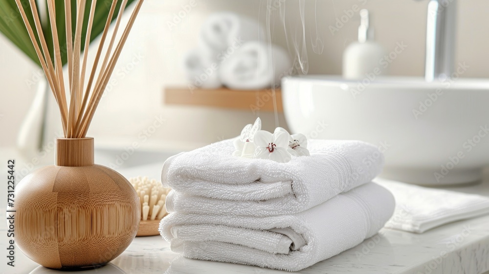 Spa Indulgence - White towels and an aroma diffuser on a white marble table, creating a serene bathroom ambiance