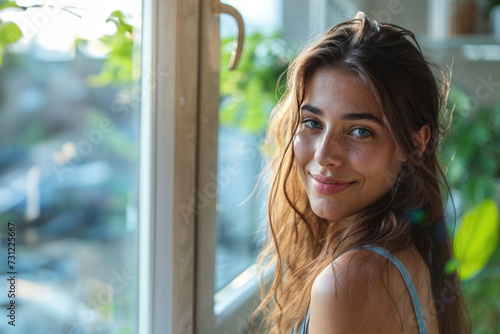 Smiling Young Woman Enjoying Sunny Day by the Window