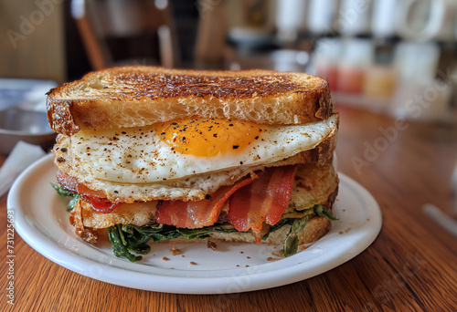 tasty club sandwich with roasted bacon, fried egg and toast on a white plate