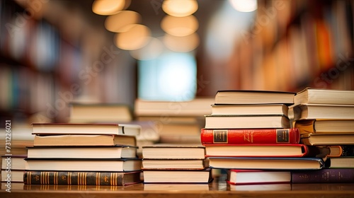 Stack of books in the library room with a blurry background. Read books, study and learning concept