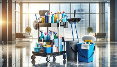 Ready for Sparkle: Janitorial Cart in Modern Space