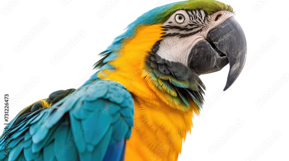 colorful parrot head closeup shot isolated on white