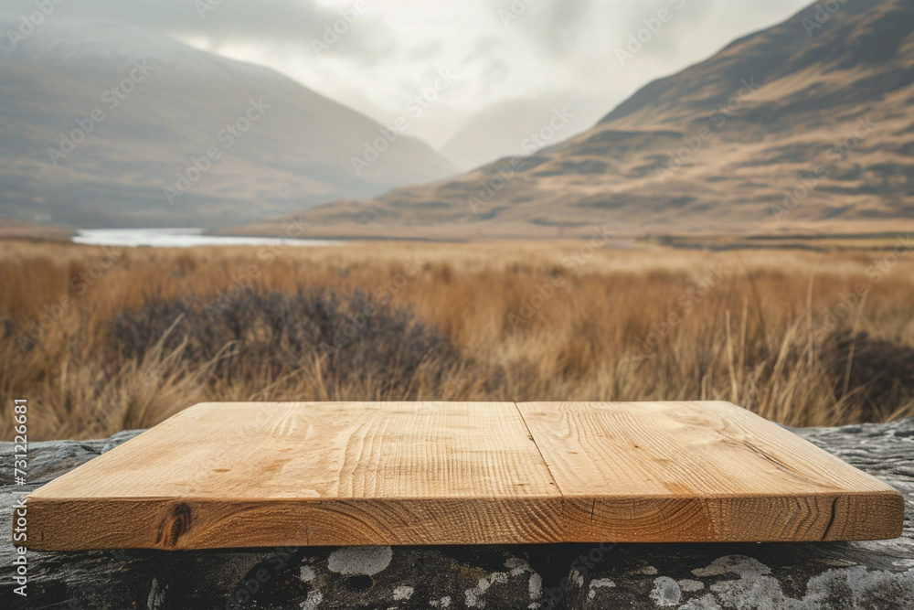 Weathered wooden product display with Irish highlands on background Weathered wooden product display with Irish highlands on background