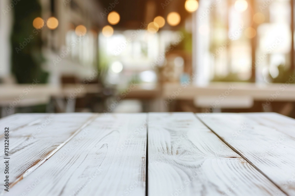 Closeup of white wooden table, cafe and bar on background Closeup of white wooden table, cafe and bar on background