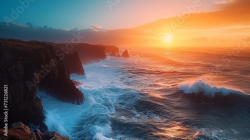 Majestic coastal cliffs facing the sea as the sun rises, casting a warm glow over the rugged landscape. © burntime555