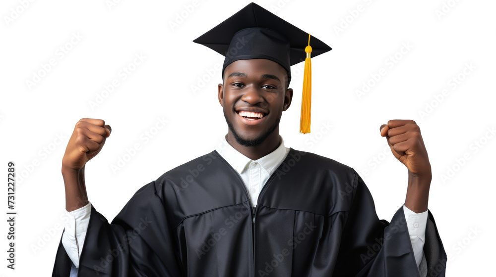 Excited graduate student in gown with risen hands on transparent Excited graduate student in gown with risen hands on transparent