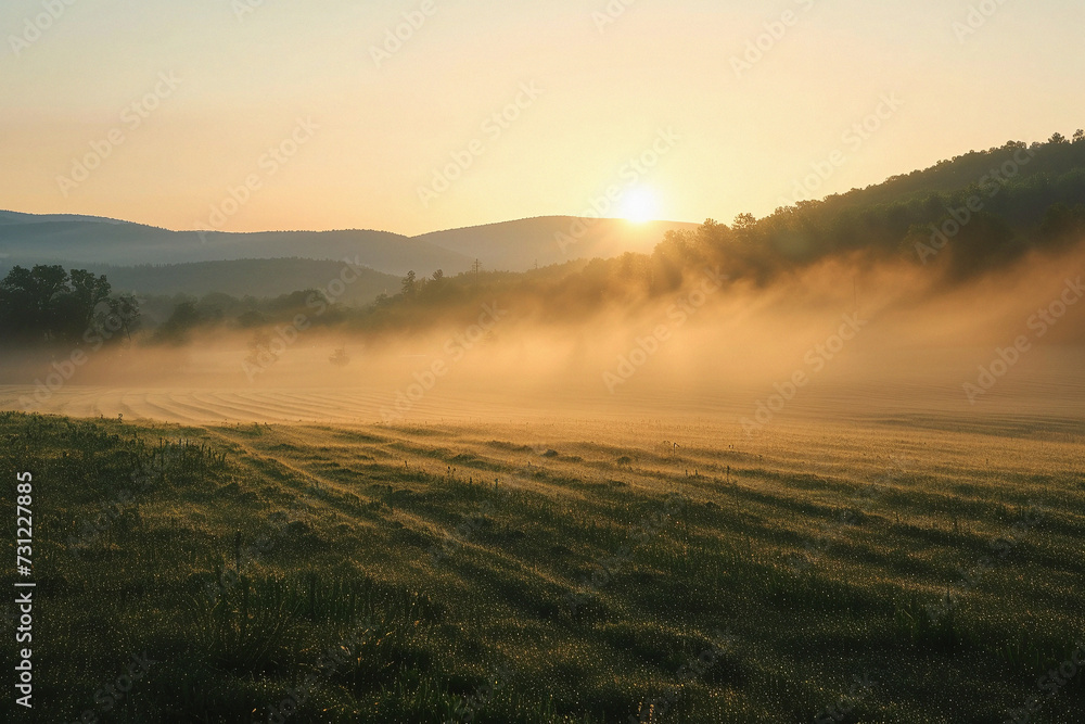 Sunrise Mist Over Serene Farmland Sunrise Mist Over Serene Farmland