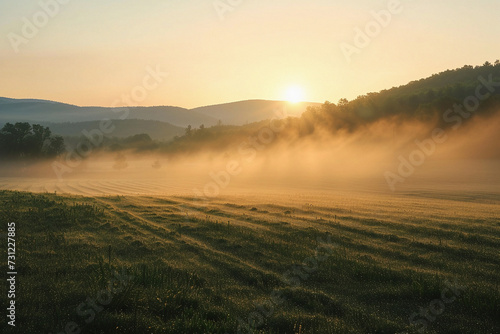Sunrise Mist Over Serene Farmland