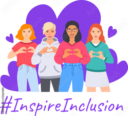 Inspire inclusion campaign pose. International Women's Day 2024 theme. Smiling diverse women make heart symbol with their hands to stop discrimination and stereotypes. Gender equal inclusive world