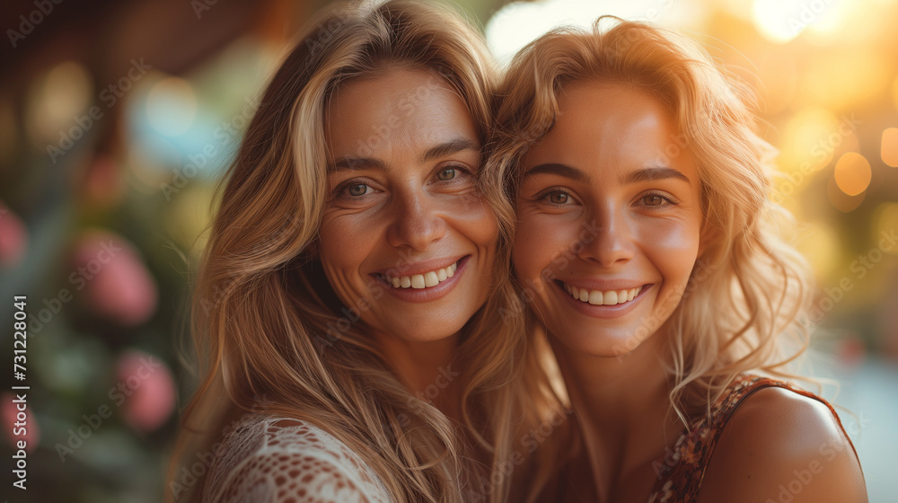 Mother and daughter with a great resemblance, together and happy, smiling. Celebrating family moments and genetic resemblance. Blurred background at sunset. - obrazy, fototapety, plakaty 