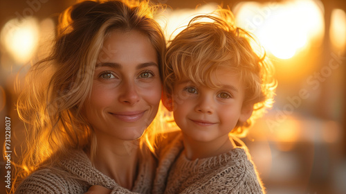 Mother and son hugged in a sunset. Concept of happy family, love, mother and child, motherhood and mother's day.