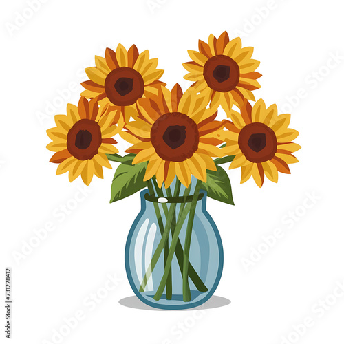 Vase with Autumnal Sunflowers, PNG File of Isolated Cutout Object with Shadow on Transparent Background.