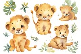 watercolor set illustration of wild cats lion isolated on white background