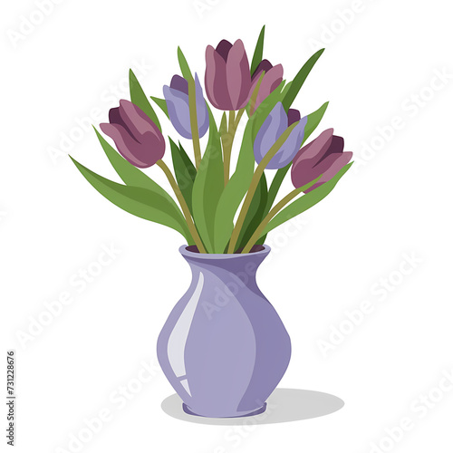 Vase with Charming Violet Tulips, PNG File of Isolated Cutout Object with Shadow on Transparent Background.