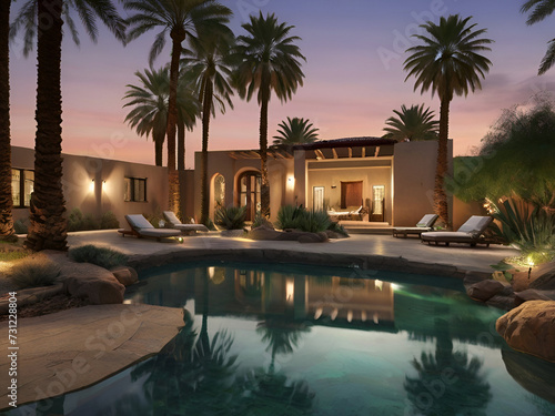 A serene oasis in the desert  with palm trees swaying gently in the evening breeze.