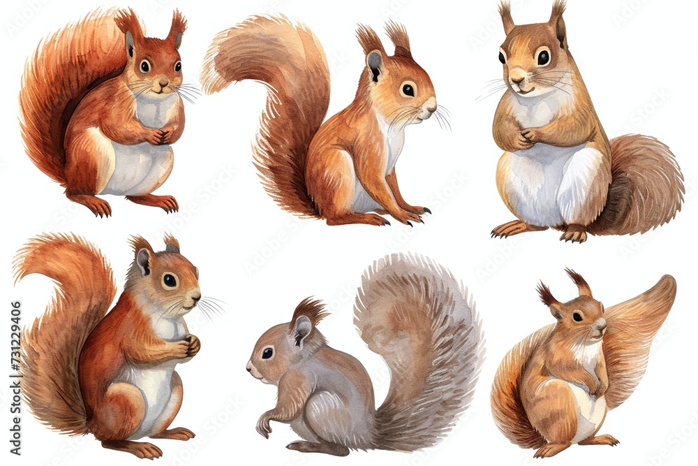 Fototapeta premium set of squirrels on an isolated white background, watercolor illustration