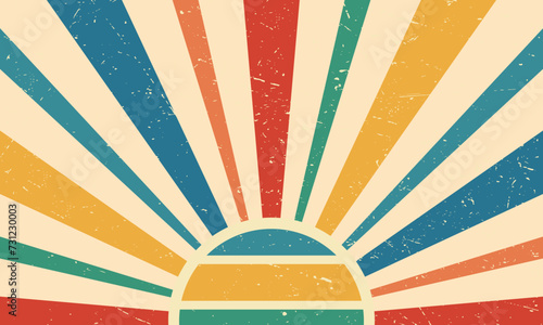 Vintage sun retro banner background. Colorful grunge sunburst. Vector illustration.