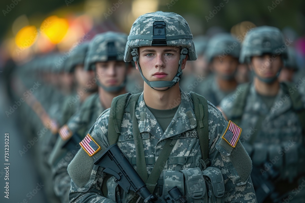 A disciplined military parade showcasing American uniformed soldiers in precise formation A disciplined military parade showcasing American uniformed soldiers in precise formation
