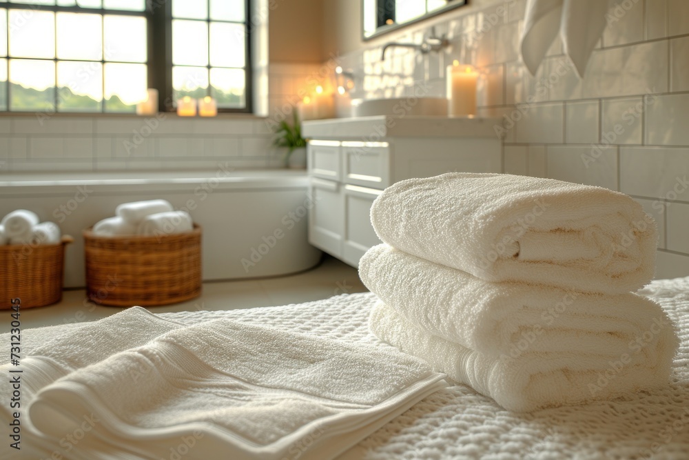 A pristine white towel hangs in a well-lit bathroom, inviting comfort and cleanliness after a refreshing shower A pristine white towel hangs in a well-lit bathroom, inviting comfort and cleanliness after a refreshing shower