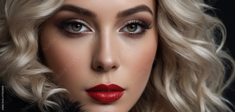 a close up of a woman's face with long blonde hair and a red lipstick on a black background. a close up of a woman's face with long blonde hair and a red lipstick on a black background.