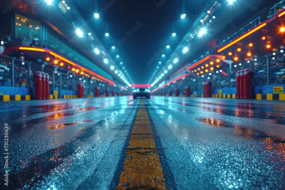 Asphalt racing track finish line and illuminated race sport stadium at night. Asphalt racing track finish line and illuminated race sport stadium at night.