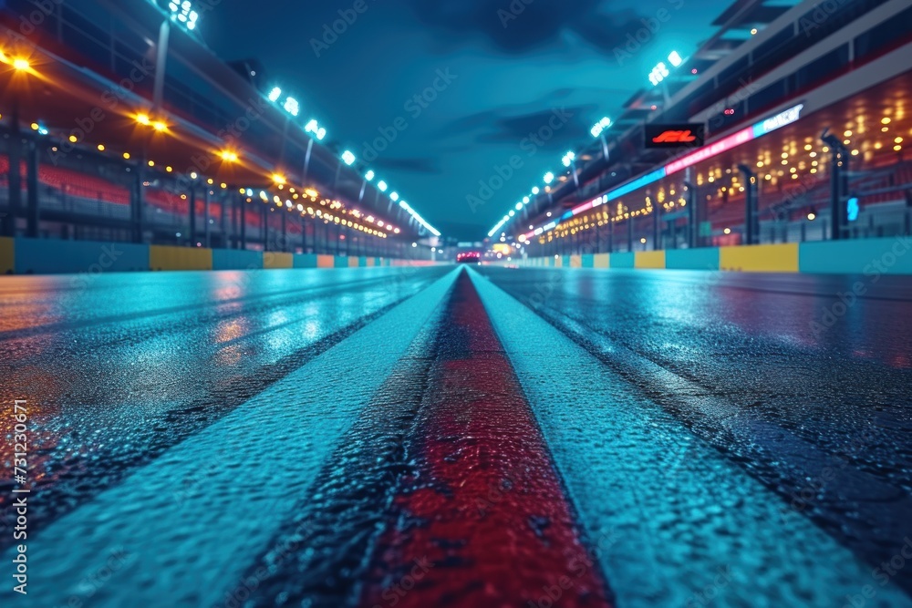 Asphalt racing track finish line and illuminated race sport stadium at night.